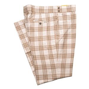 Mens 38 Gurkha Pants Beige Plaid Chino Trousers Cotton Straight Fit Flat Front